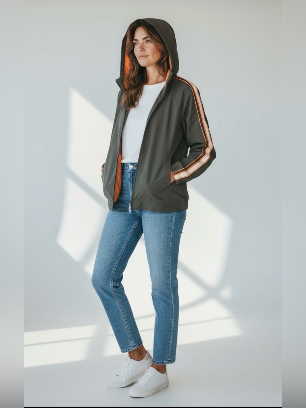 Fuda Women's Medium Zip Jacket Casual Hooded Pockets Windbreaker Gray Packable‎
